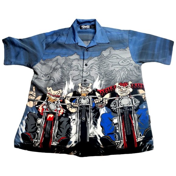 Dragonfly Clothing Company Men’s Short Sleeve Button Up Shirt S XL Hogs Flames - Picture 1 of 6